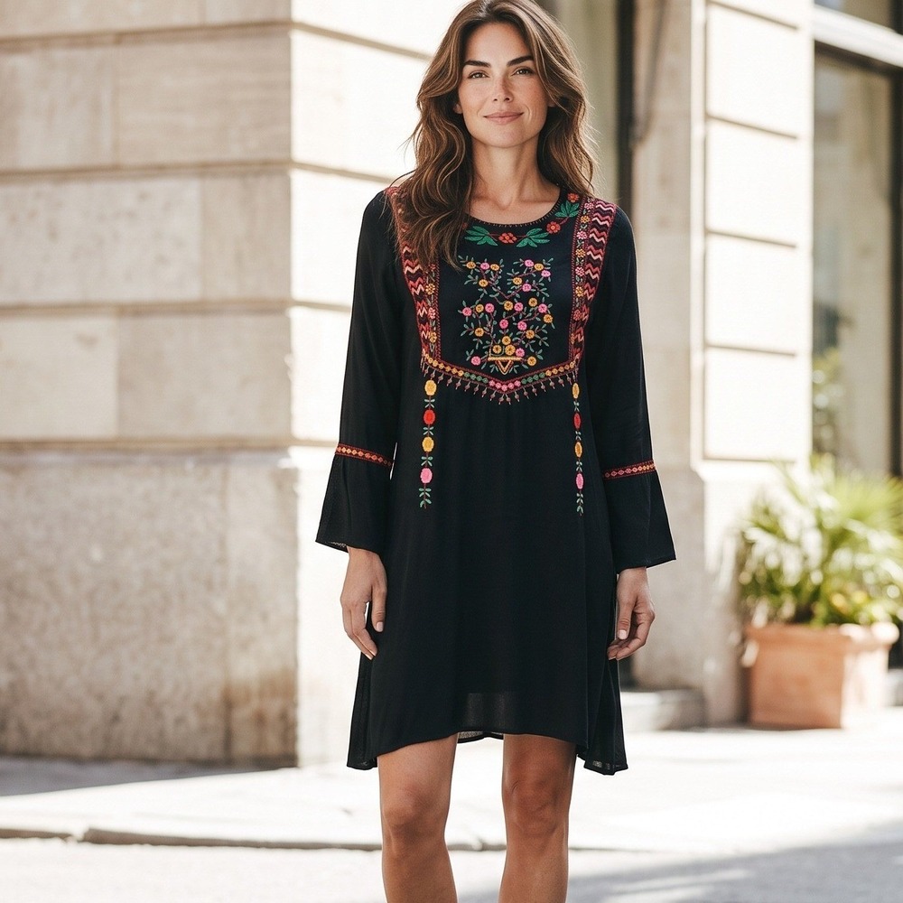 Joie Gosinda Black Floral Embroidered Bell Sleeve Dress‎ Boho Fit Flare Small
